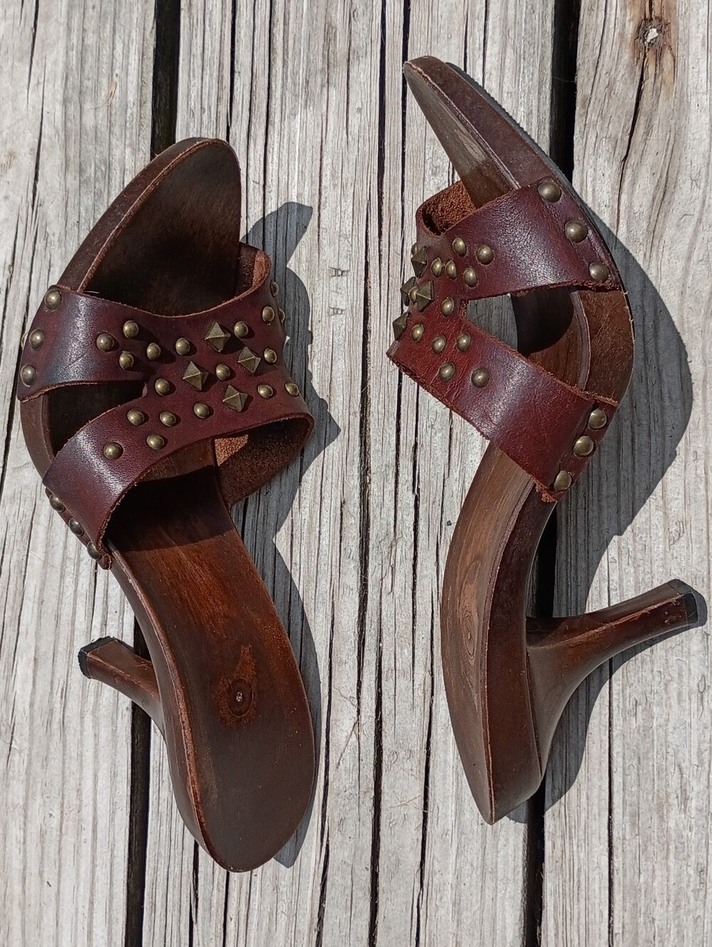 Slaislinnk Leather Upper Wooden Sandal Women Sz 7.5 M Made in Italy Brown Heels - Picture 2 of 11